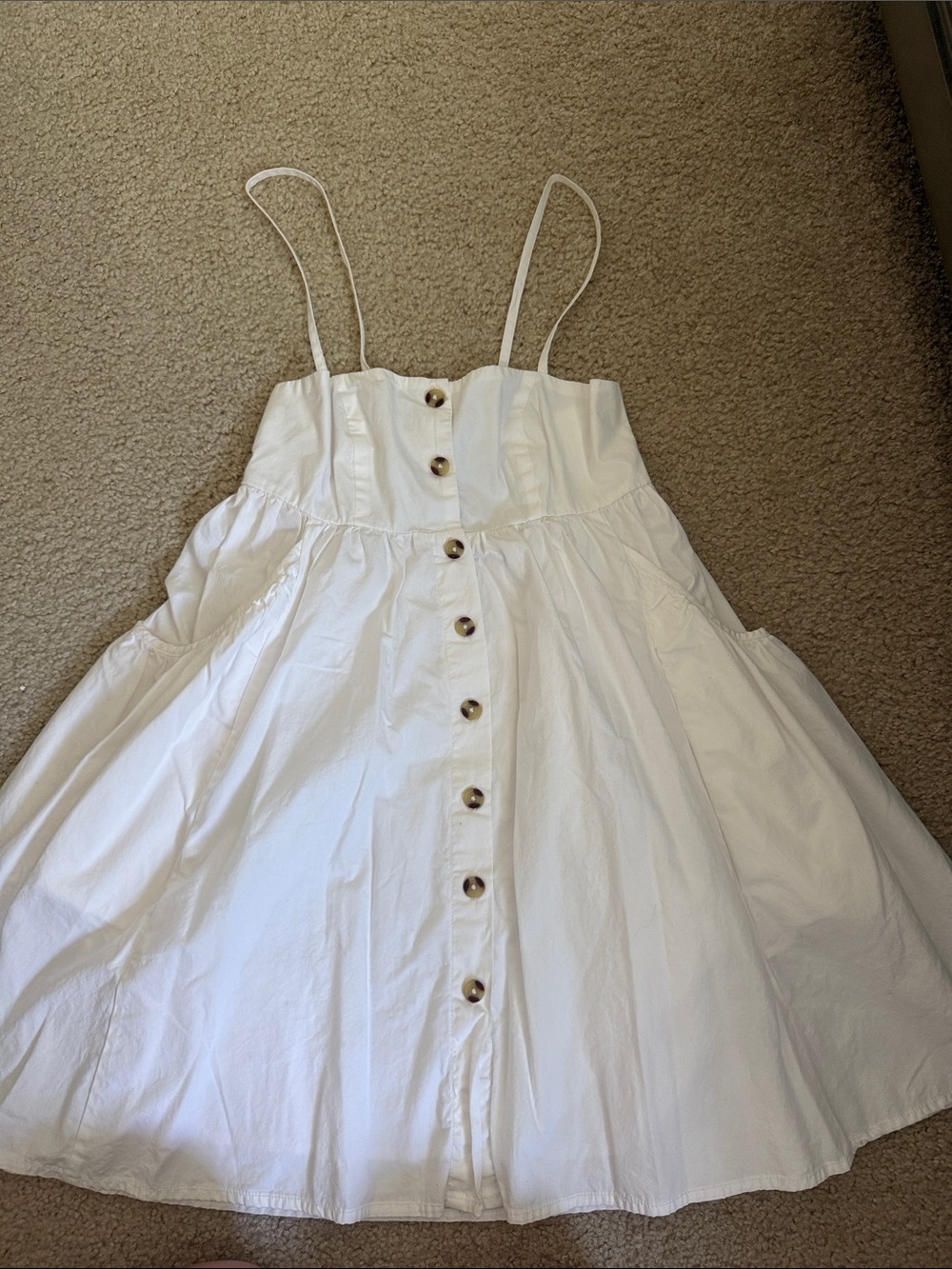 BDG White Button-Front Sundress with Spaghetti Straps (babydoll mini dress)
